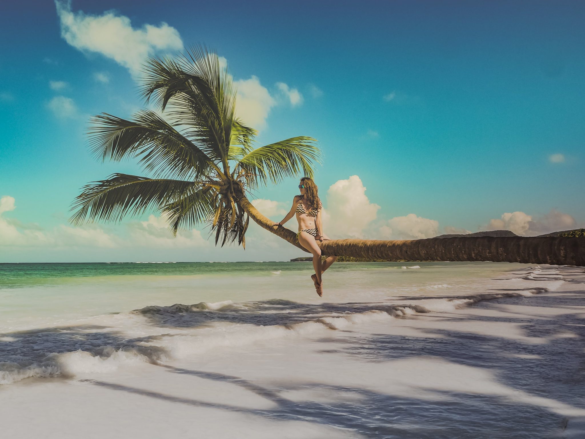 Viajera sentada en una palmera inclinada sobre una playa del Caribe